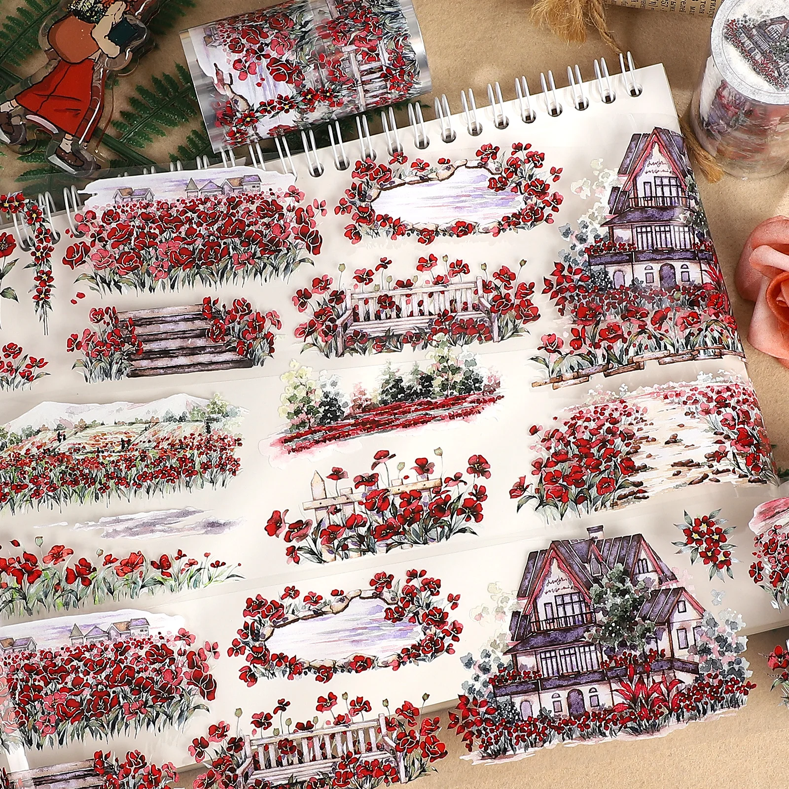 

70mm*500cm Vintage Flower Manor House Landscape PET Tape Creative DIY Journal Material Collage Scrapbook Stationery