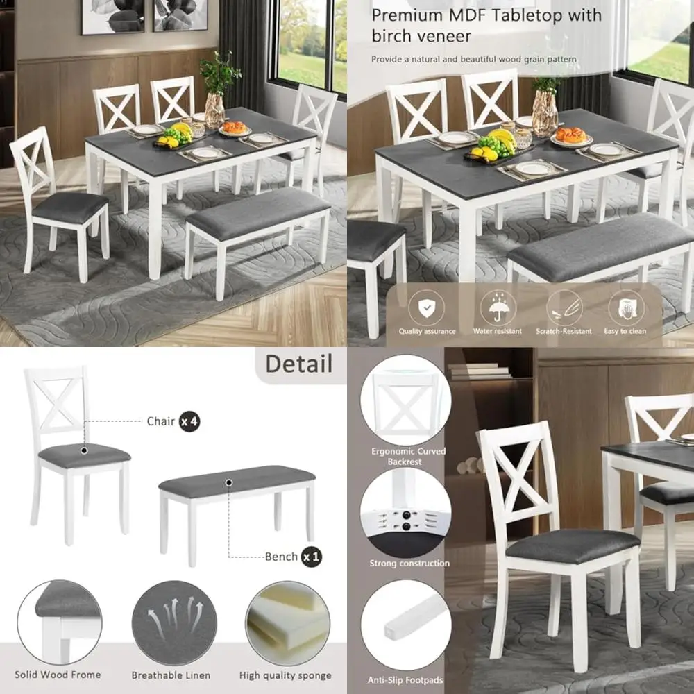 6-teiliges Esszimmerset mit Holztisch, gepolsterter Bank und 4 Stühlen mit gekreuzter Rückenlehne