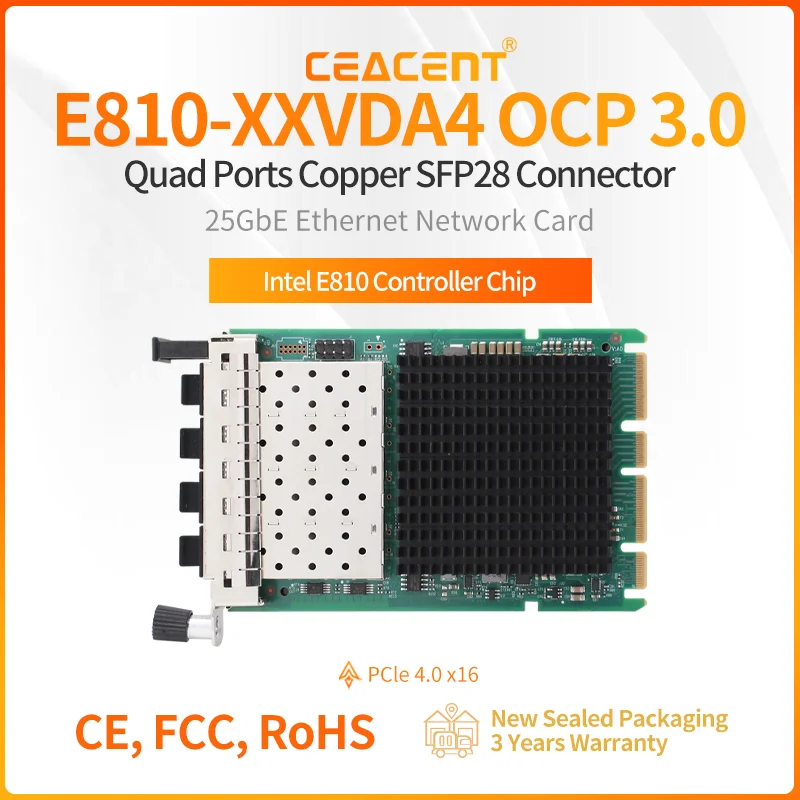 

E810-XXVDA4OCP3 25Gb/s 4-Port SFP28 OCP3.0 Small Form Factor NIC with Intel E810 chipset, For OCP Server