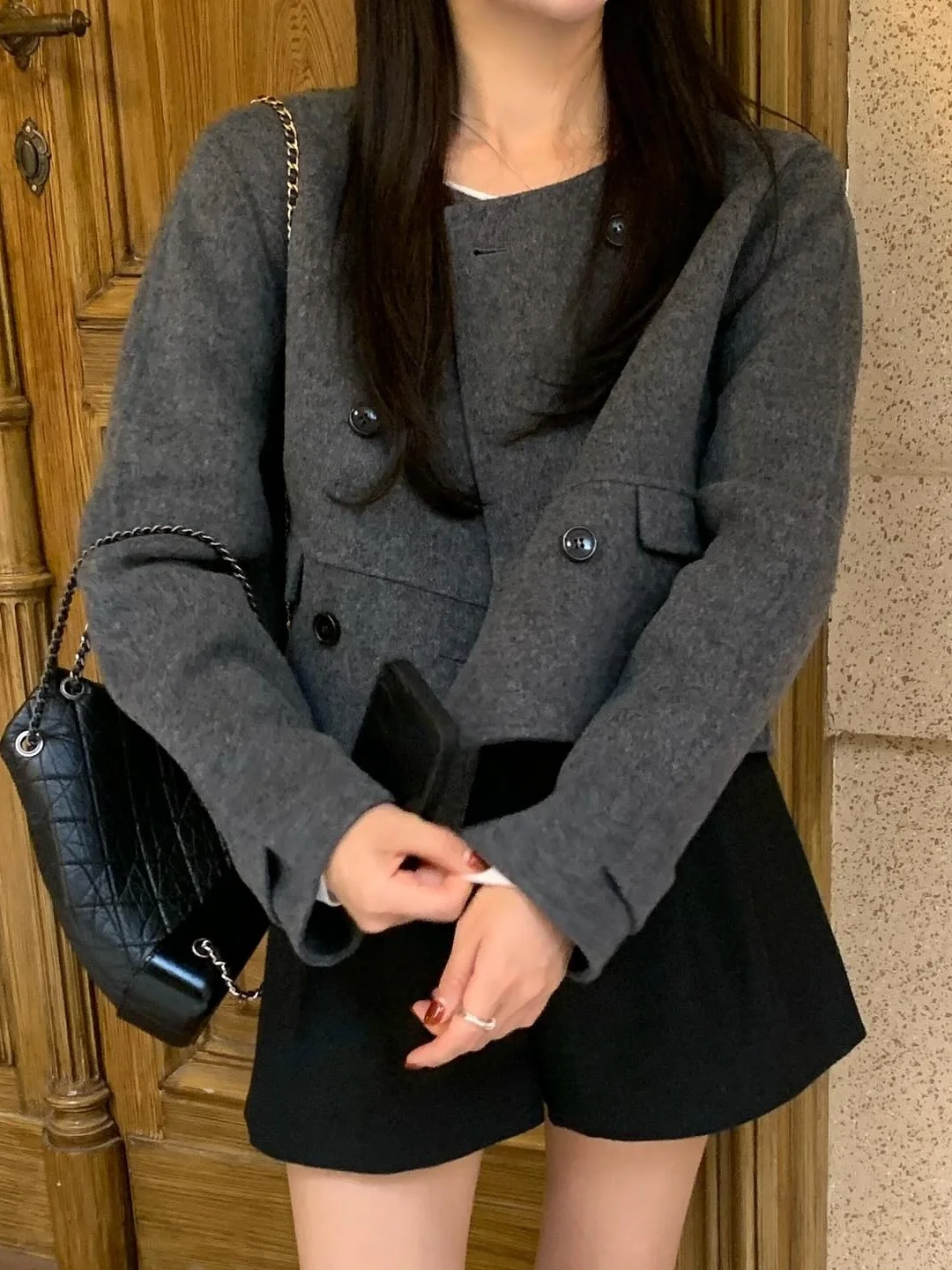 معطف ريترو إلي بسيط مستدير Ne بزر مزدوج من التويد للنساء مقاس صغير لتخفيض العمر ملابس خارجية من الصوف #4