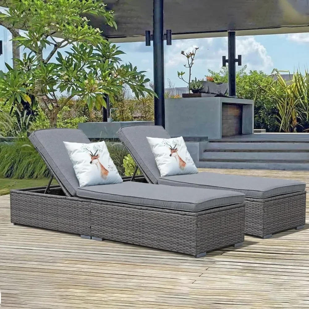 

Outdoor Patio Chaise Lounge Chairs Set of 2, PE Wicker Patio Pool Lounge Chairs Furniture Set of 2, Pool Lounger Gray Rattan