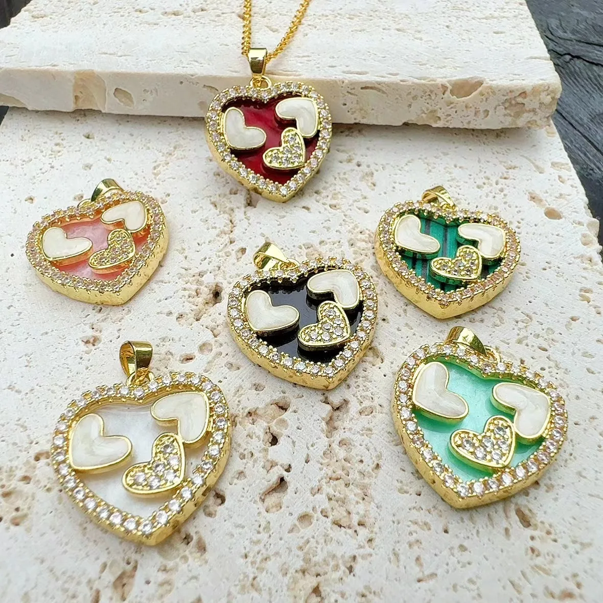 Hot selling fashion love heart copper inset zircon Fritillion 6 color pendant high sense jewelry party necklace