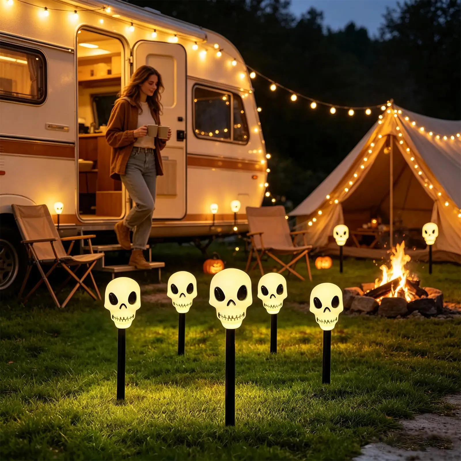 Solar Halloween Stakes 5 Pieces Waterproof Scary Ground Inserts Solar Skeleton Light For Lawn Balcony Outside Landscape