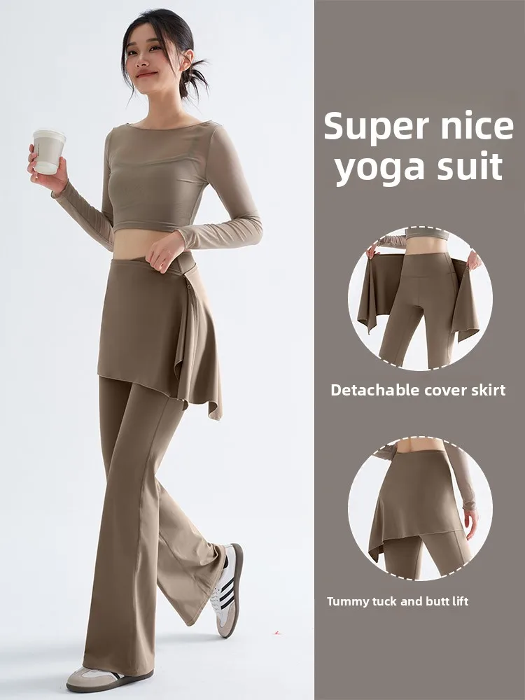 

Women's Sportswear Set Summer 2026 Yoga High Waist Trousers Flared Skirt Fitness Training Badminton Long Sleeve round Neck T-...