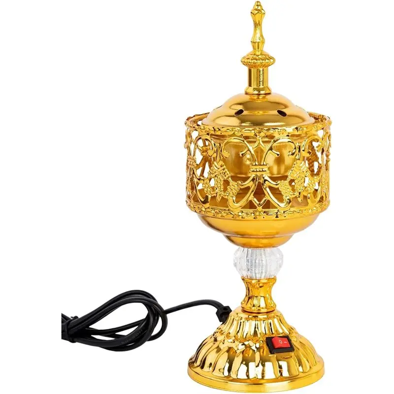 AA94-Golden Electric Incense Burner, Arabian Style Electric Incense Holder, Middle Eastern Tabletop Decorative EU Plug