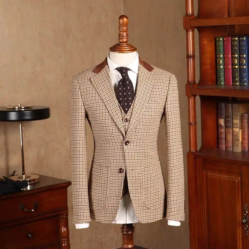 Trajes de boda elegantes de pata de gallo para hombre, esmoquin de un solo pecho para fiesta de novio, chaqueta, pantalones, chaleco, traje personalizado para fiesta de negocios, 3 uds.