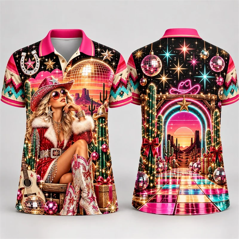 Men Disco Snowman Christmas Print Polo Shirt Short Sleeve polo Tops Neon Light Mirror Ball Snowflake Xmas tees For Men