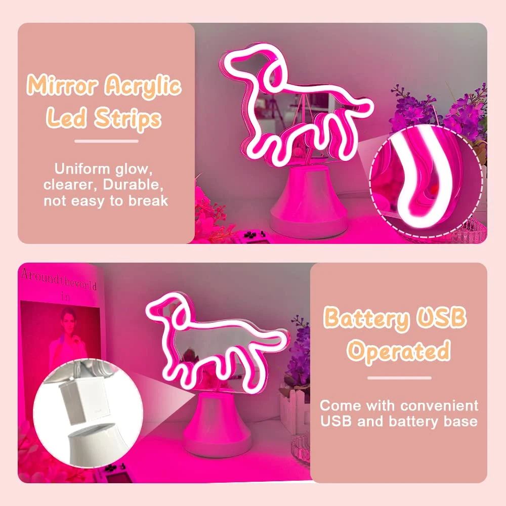 Dog Neon Sign for Room Decor, Neon Mirror Table Light, USB & Battery Operated Cute Neon Light for Bedroom, Office, Table Decorat