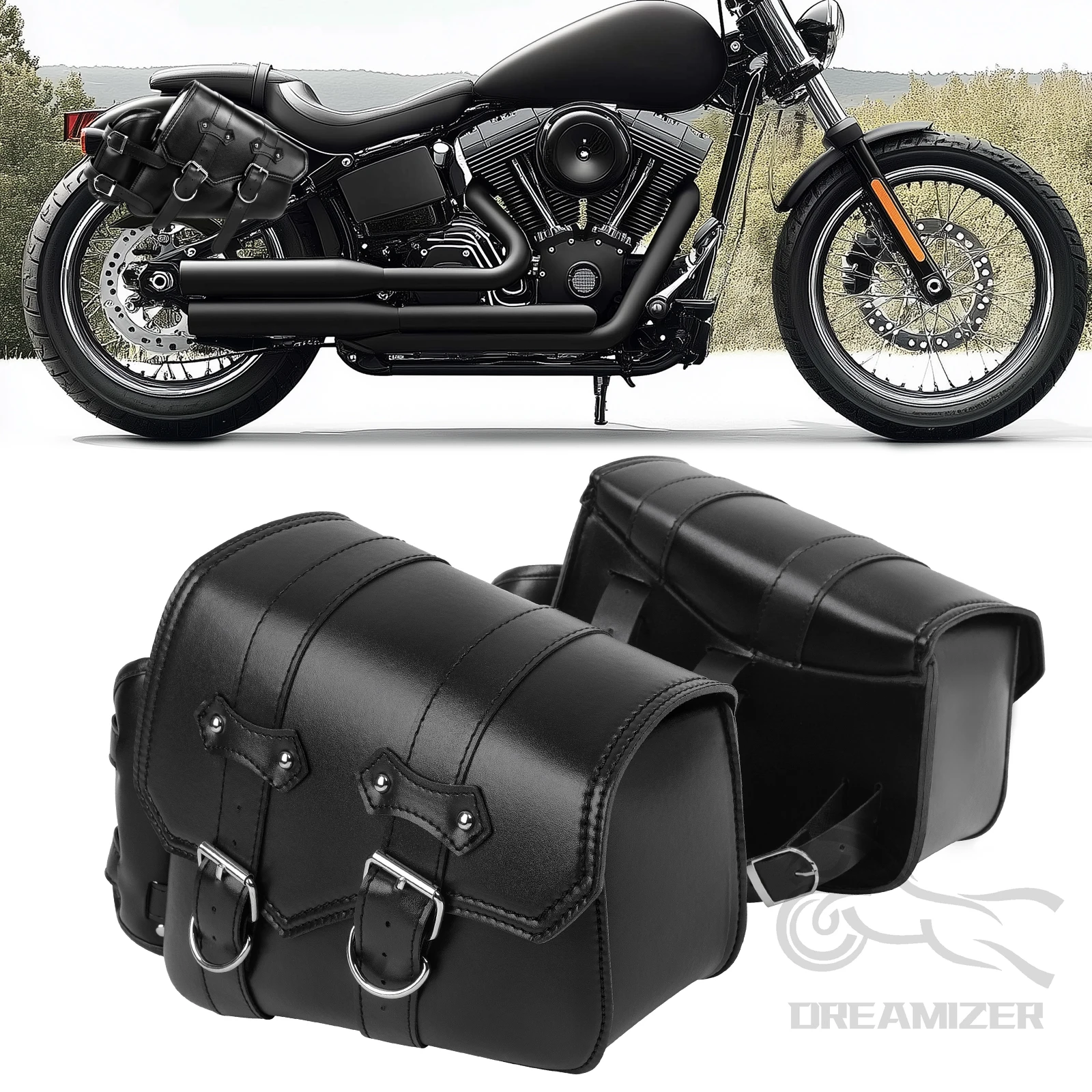 Universal Motorcycle Saddle Bags PU Leather Tool Bag w/Water Bottle Holder Cafe Racer Luggage Bag Waterproof For Cruiser Custom