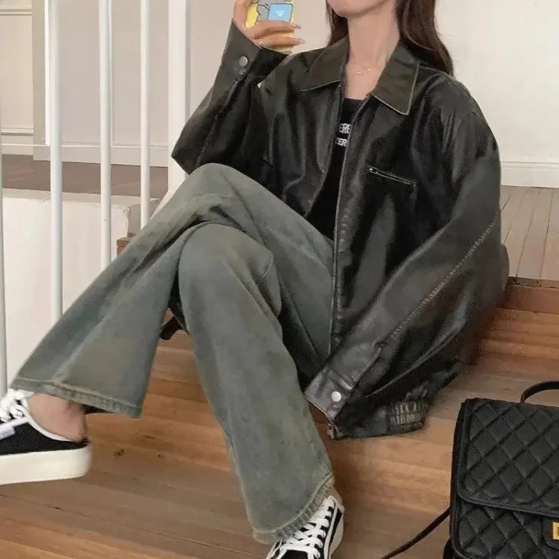 New Year's Popular American Retro Black Leather Jacket Female 2025 New Explosion Motorcycle Jacket Top