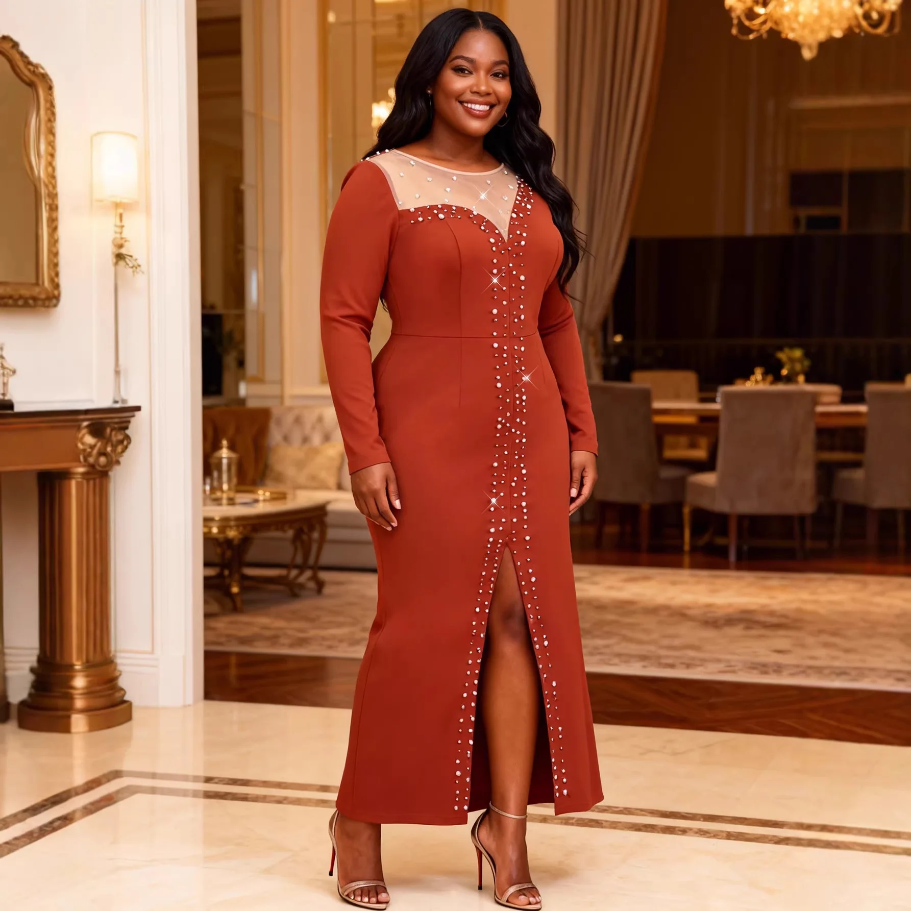 

Plus-size Women's Beaded Long-sleeve Dress, Sheer Tulle Collar, Waist-cinching, Slit, Elegant Party Gown, Long Dress Top Y2K