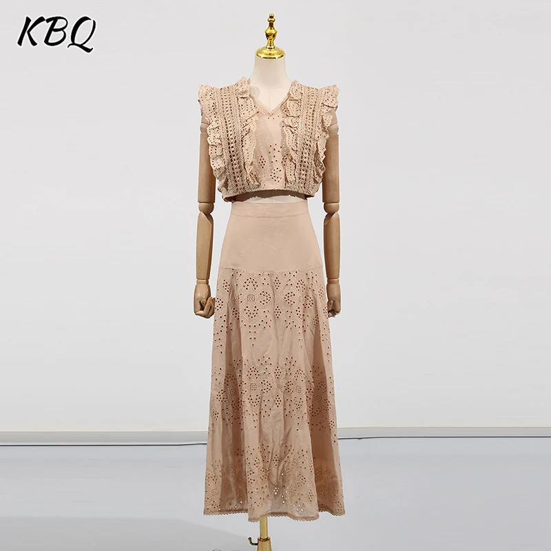 KBQ-Conjunto elegante de dos piezas liso para mujer, Top corto sin mangas con cuello de pico, faldas largas holgadas de cintura alta, conjunto calado, moda femenina
