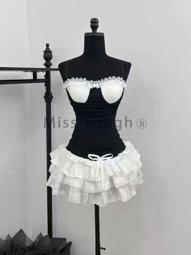 Summer Sexy Pachtwork 2 Piece Set Women Sweet Lace Tops + Bow Mini Skirt Female Fashion Chic Sleeveless A-line High Street Suits