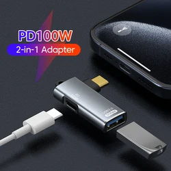 PD100W Fast Charging 2-in-1 OTG Adapter Elbow Type C Male To Type C/USB Female Converter USB Flash Drive Connector for iphone 15