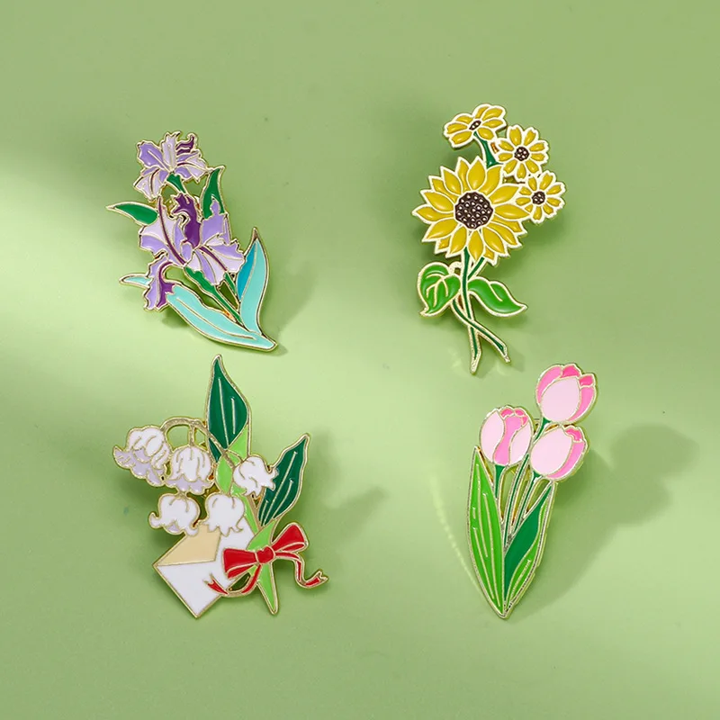 Creative cartoon plants flowers metal enamel badge pin garden style greenery sunflower clothing bag accessories brooch jewelry