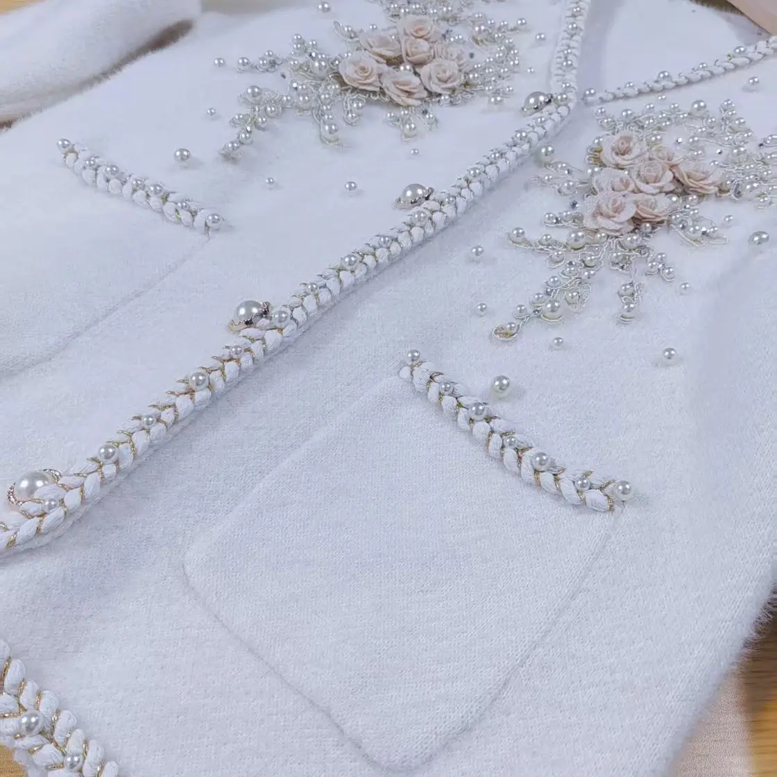 

Роскошные жемчужные бусины, цветы, стежка, толстые теплые свитера для женщин, осень-зима, винтажный трикотаж из искусственного меха, кардиган, пальто, куртки