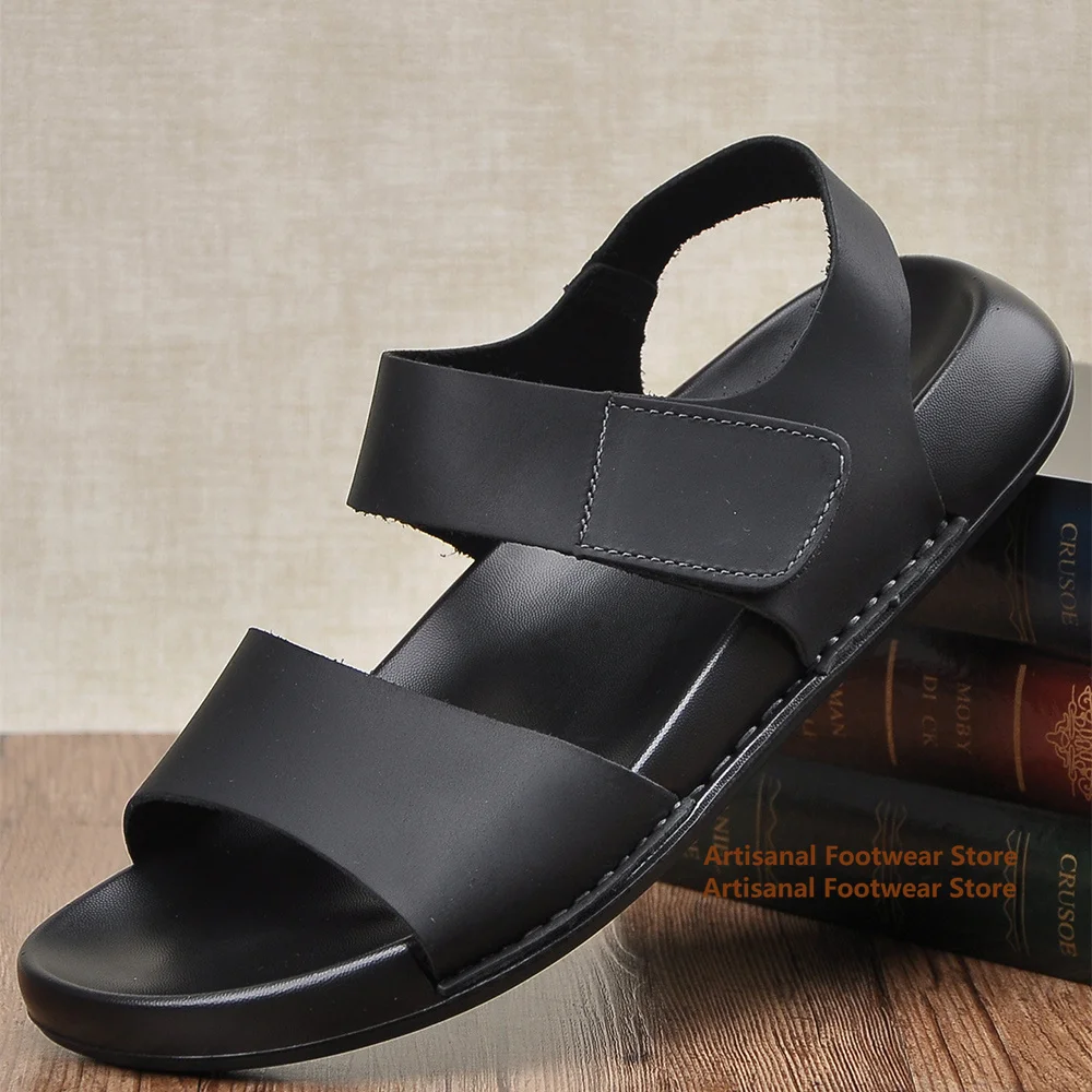 Men's Black Leather Sandals Open Toe Thick-Soled Soft Sole Anti Slip Men's Outdoor Beach Shoes Summer Classics Men's Sandals