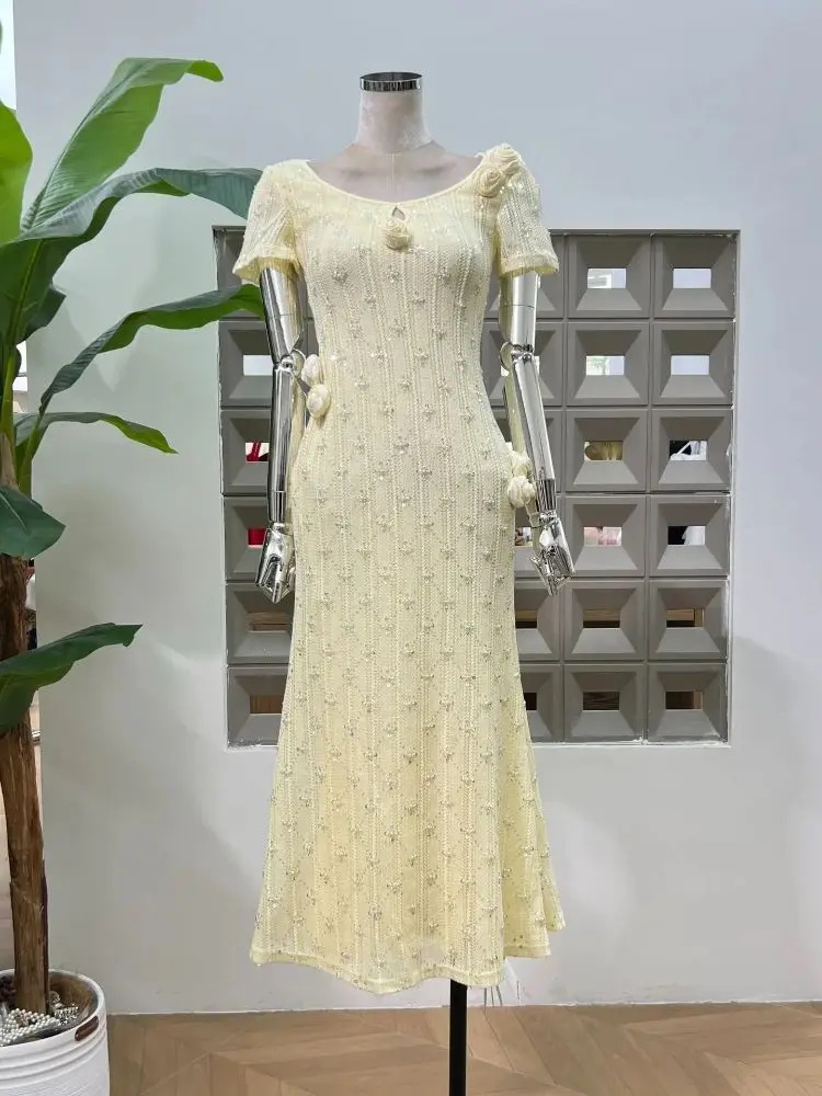 

New Summer 3D Flower Elegant Knitted Women's Dresses Exquisite Light Luxury Short Sleeve Party Birthday Celebrity Prom Dress