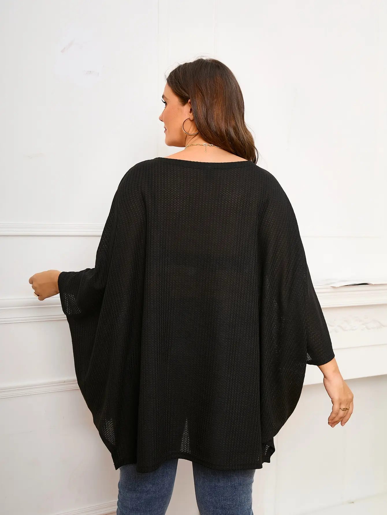 Plus Size  Knit Batwing Sleeve Top, 2 Ways Wear Off Shoulder Oversized Blouse, Curvy Women Loose Sheer Cover Up Tunic