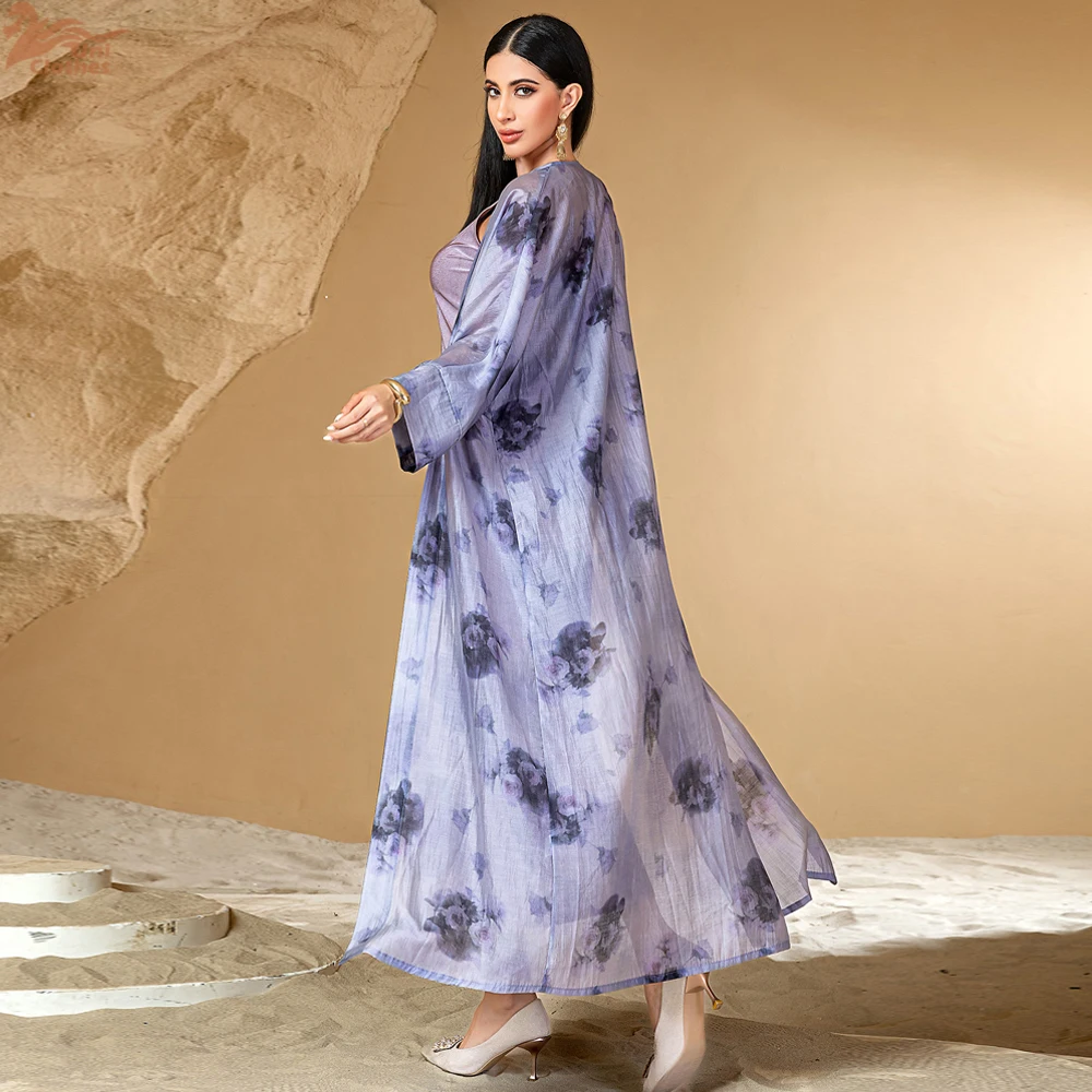 Dubajski Otwarty Kimono Abaja i Sukienka Wewnętrzna Muzułmański Zestaw 2-częściowy dla Kobiet Sukienka Eid Ramadan Abaja Islam Kardigan Arabski Długa Szata Codzienna