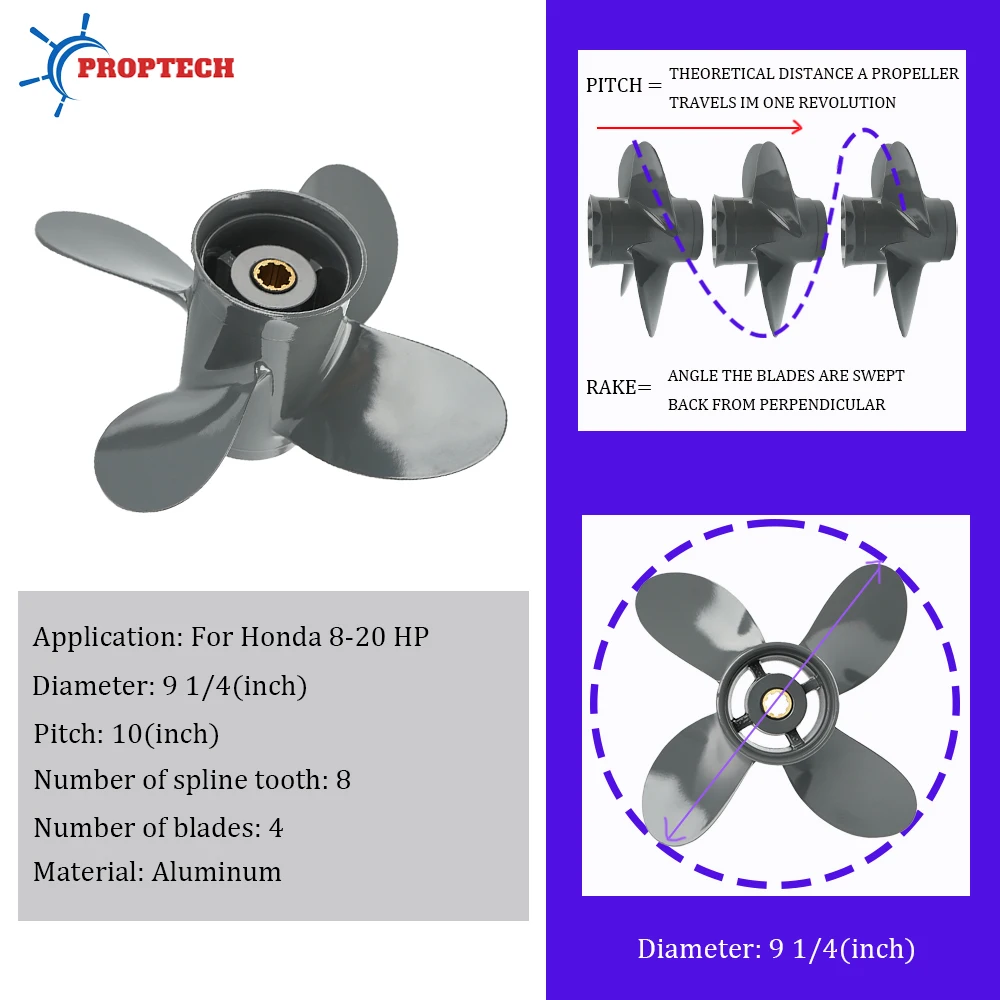 Outboard Propeller Fit Honda 8hp 9.9hp 15hp 20hp 9 1/4*10 Aluminum Alloy Screw Boat Motor 4 Blade 8 Spline Marine Engine Part