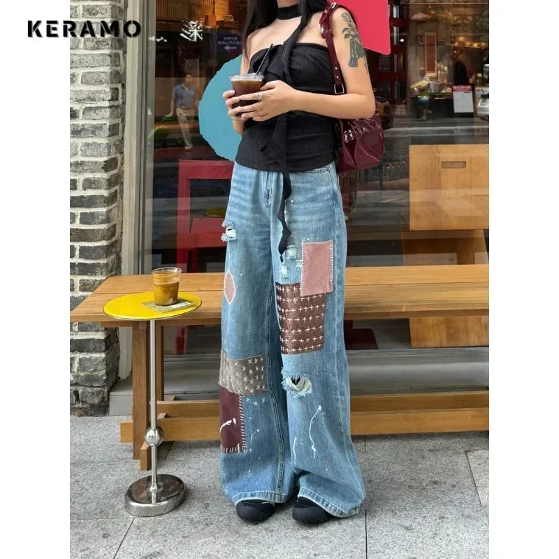 Rua vintage cintura alta reta emo jeans feminino casual rasgado calças baggy y2k perna larga grunge retalhos denim calças