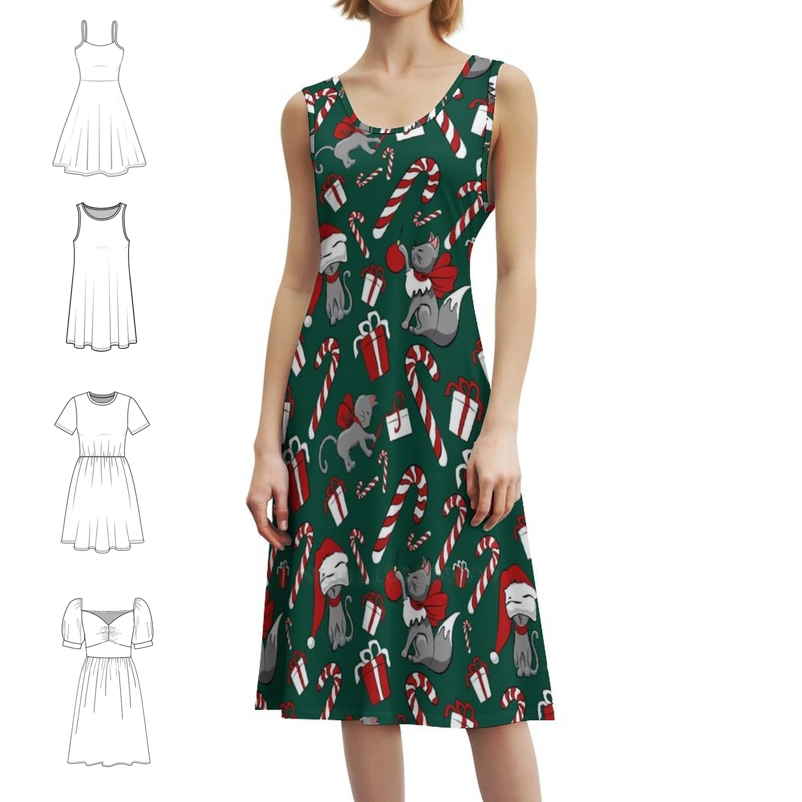 نمط قطة عيد الميلاد ° فستان قصير بنمط Preppy باللون الأخضر للنساء على شكل حرف A فستان كاجوال فضفاض مناسب للقطط والقطط وعيد الميلاد مثالي #2
