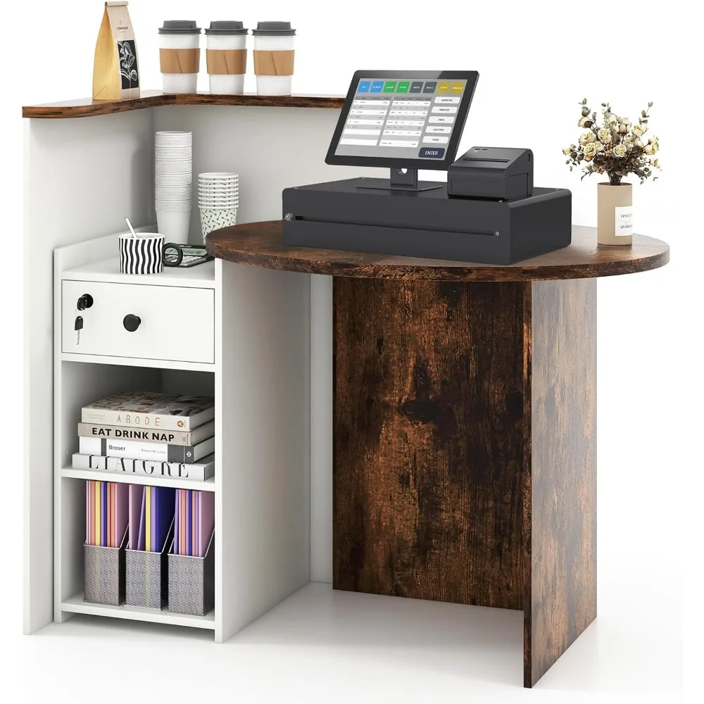

Reception Desk, with Lockable Drawer, Checkout Table with Round Tabletop, Corner Shelf & Adjustable Shelf, Front Counter Desk