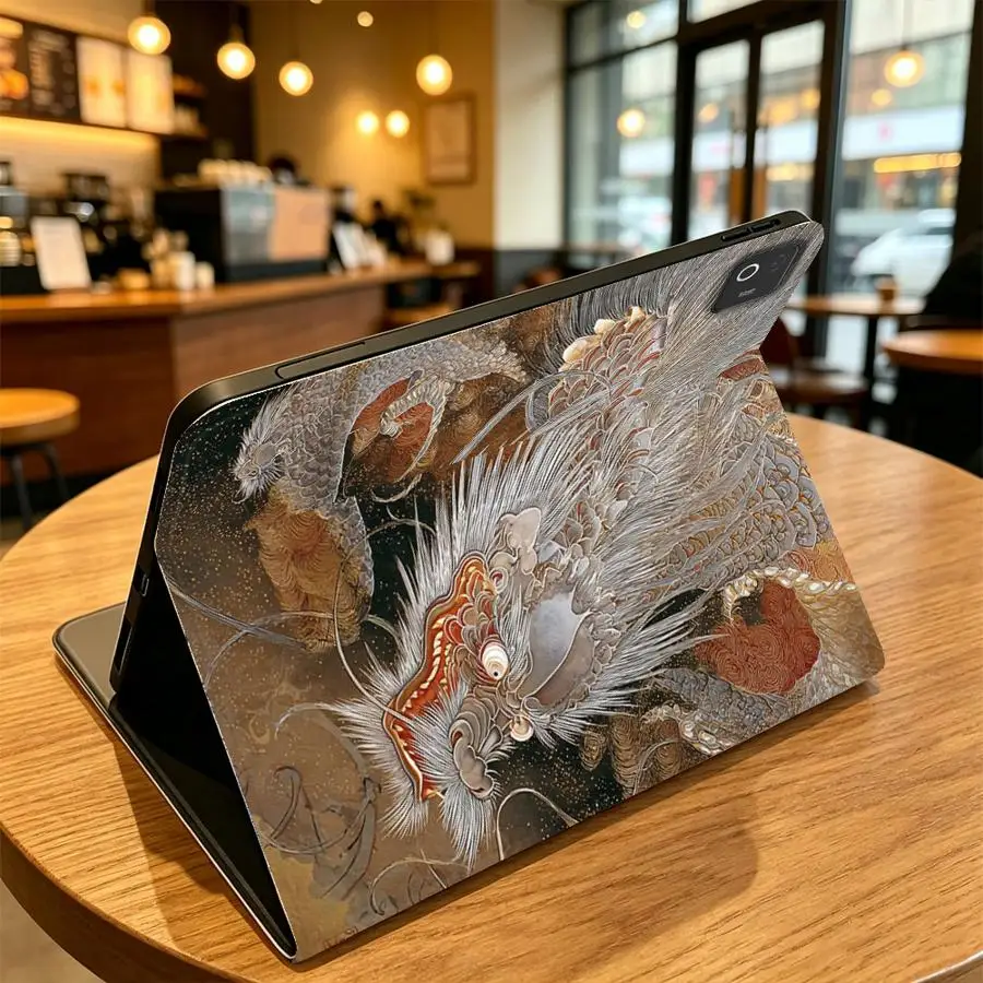 Case for Xiaomi Pad 6s Pro 7 Ultra Pad 5 6 7 8 Pro Redmi Pad SE K Pad 8.8 9.7 12.4 Inch With Pencil Holder Beige Ink Dragon