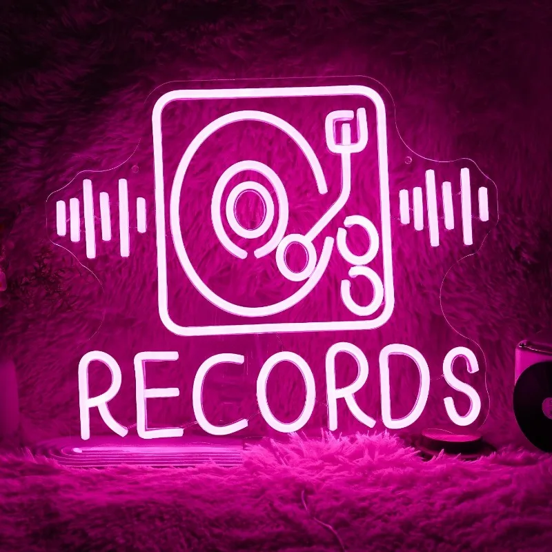 

XM Records Neon Sign for Wall Decoration USB Dimmable Pink LED Music Records Neon Sign Store Karaoke Bar Party Bedroom Gift