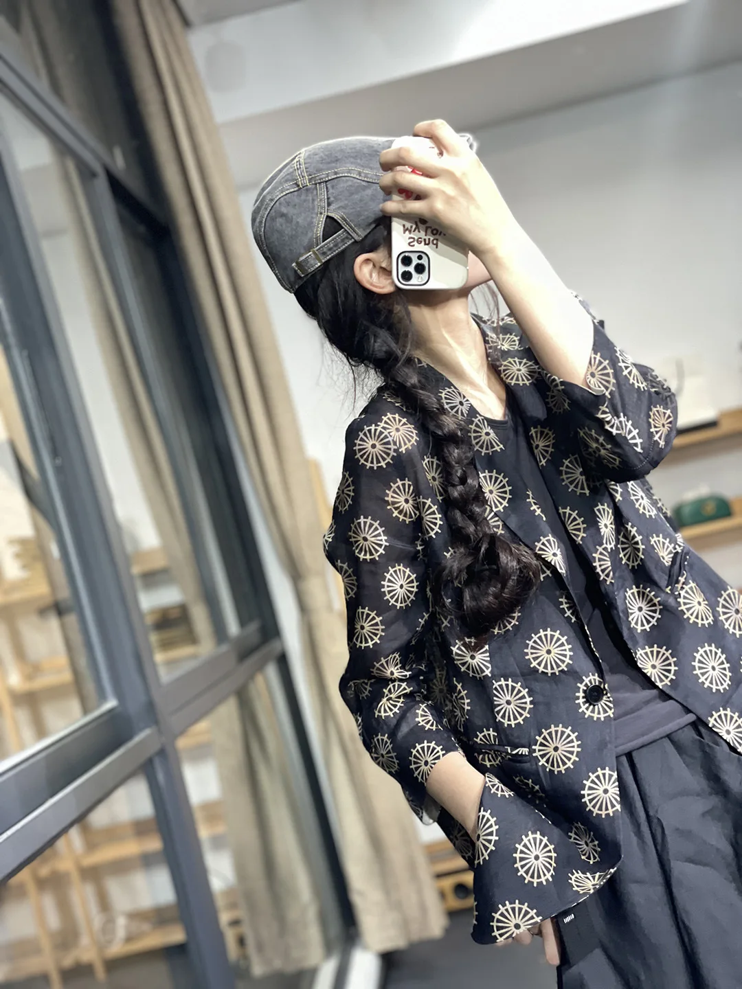 Retro katoenen linnen pak Jaet Dames Zomer Los Casual Lichtgewicht Zonbescherming Top Eén knop Lange Sve Normale lengte