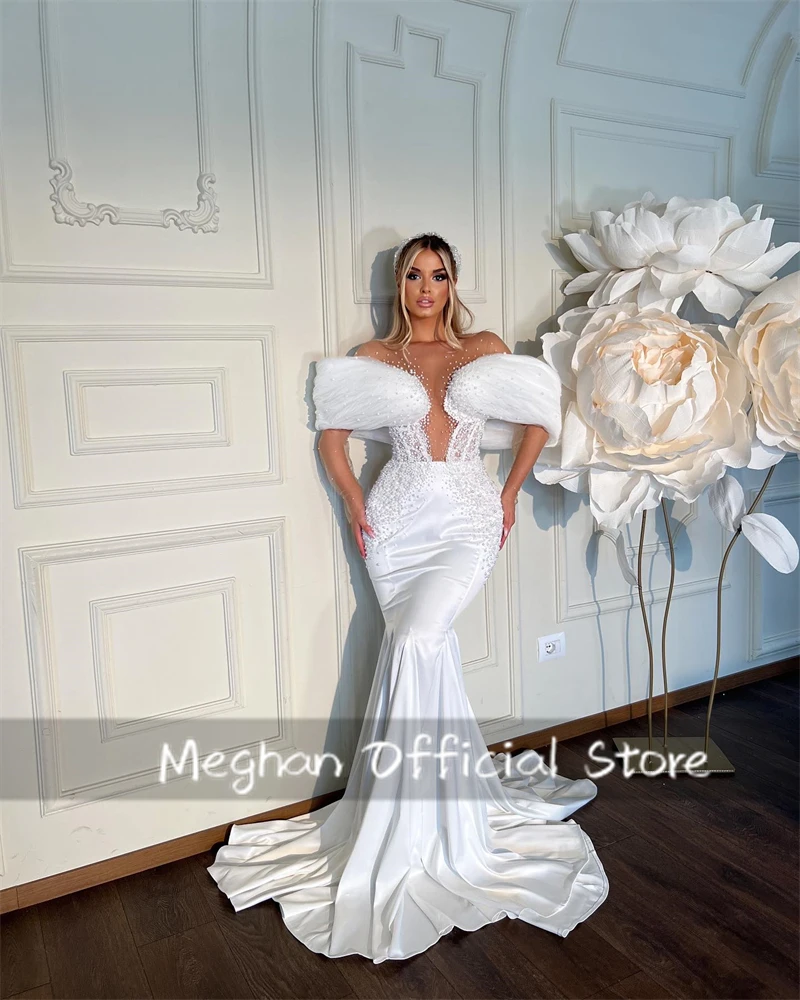 

Luxury White O Neck Evening Dress Sparkly Bead Ruffle Princess Long Prom Dresses Mermaid Birthday Party Gown Robe De Customized