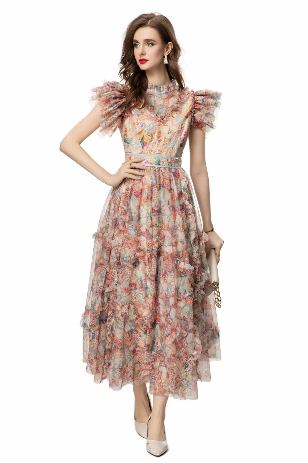 

Fashion Designer spring Summer Women's Stand Collar Flying sleeve Pleated Sequins Printed Flounced Edge Dresses