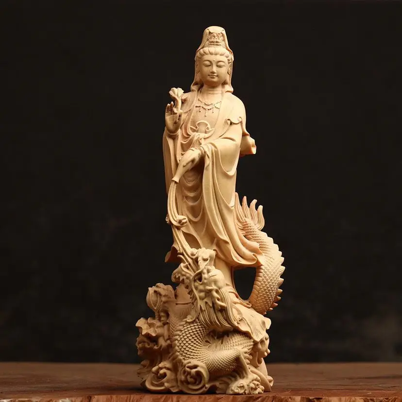 Woodcarving Royal Dragon Guanyin Bodhisattva Desktop Ornaments Home Craft Decoration Ornaments