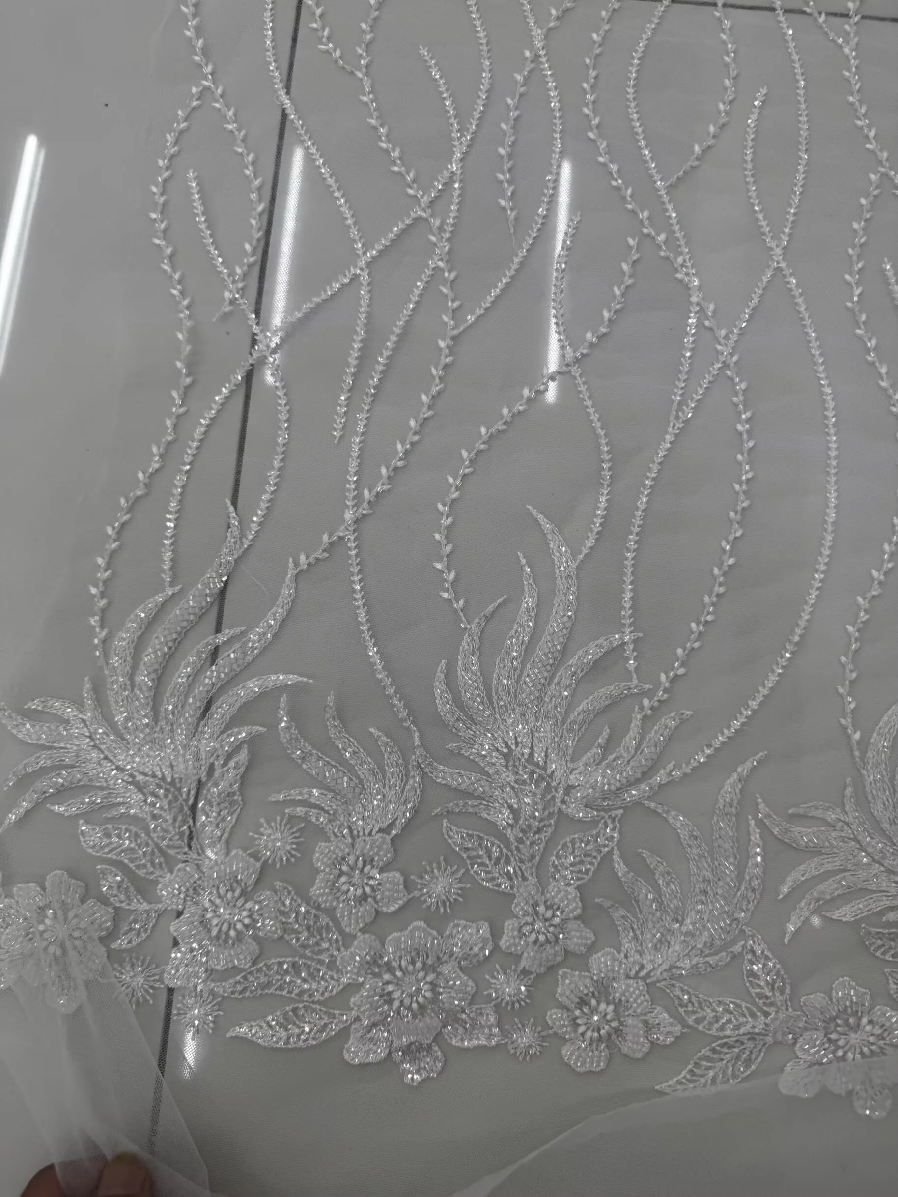 Luxury Embroidered Sequins Striped Wave Beaded Tulle Fabric for Stage Costumes DIY Wedding Dresses Material