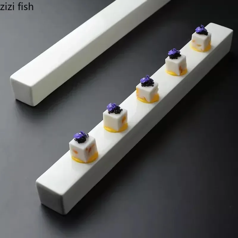 Pure White Ceramic Long Strip Plate Square Dessert Plate Sushi Plates Snack Plates Molecular Cuisine Specialty Tableware