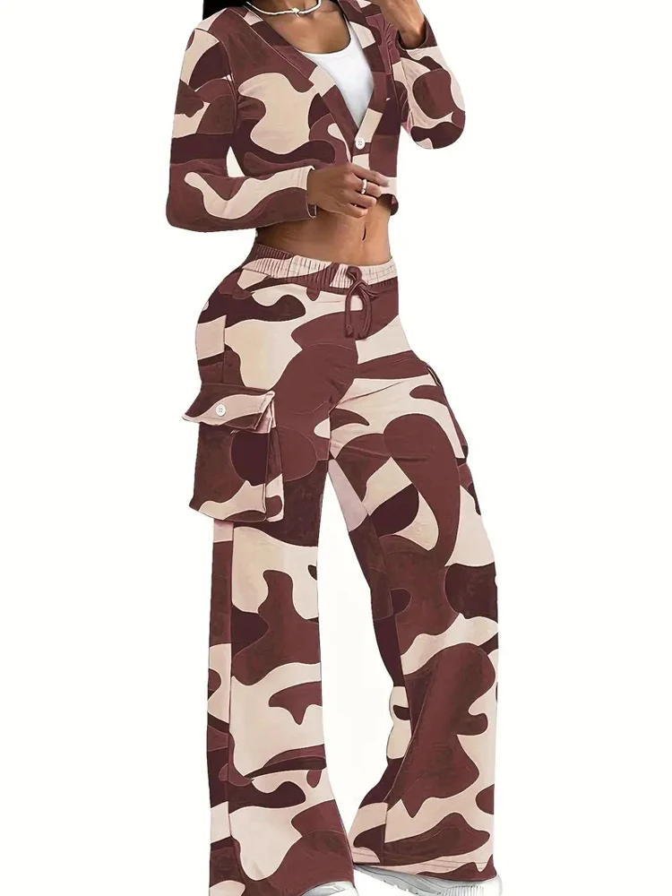 Camo Print Cargo Pants Sets Sexy Crop Tops & Elastic High Waist Wide Leg Trousers Damski dwuczęściowy zestaw Casual SweatOutfits