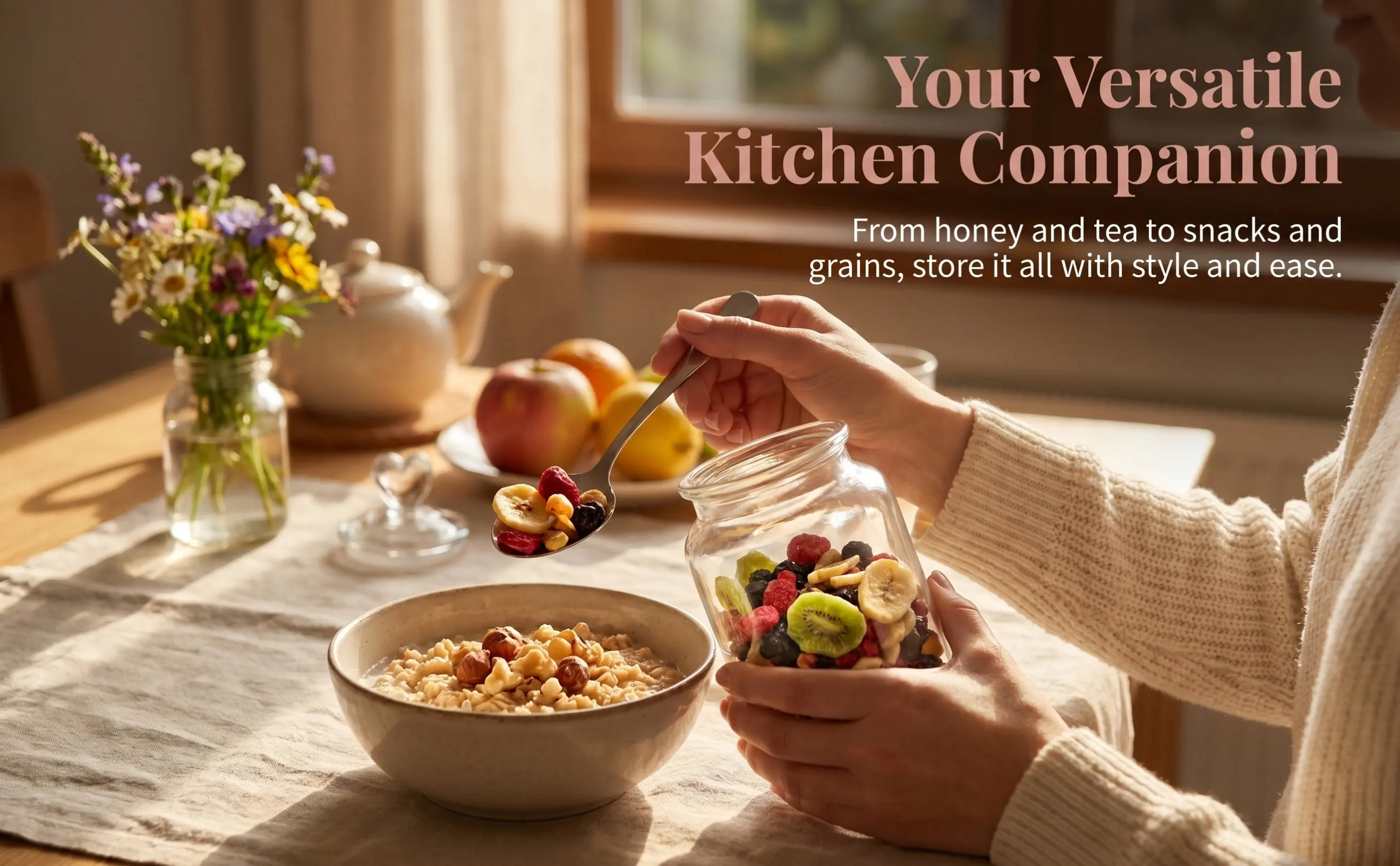 Glass Storage Jar with Airtight Lid for Honey Dried Fruits Nuts Tea Grains Beans Moisture Insect Proof Food Container