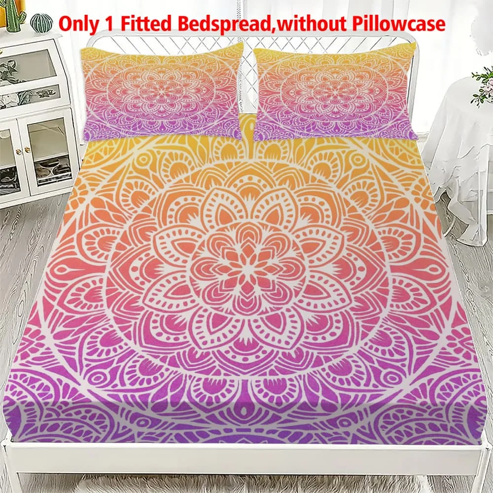 Sábana Ajustable con Estampado de Mandala Degradado de Naranja a Morado, Funda de Colchón Elástica con Bolsillos Profundos, Decoración para Dormitorio Individual, Matrimonial, Queen y King