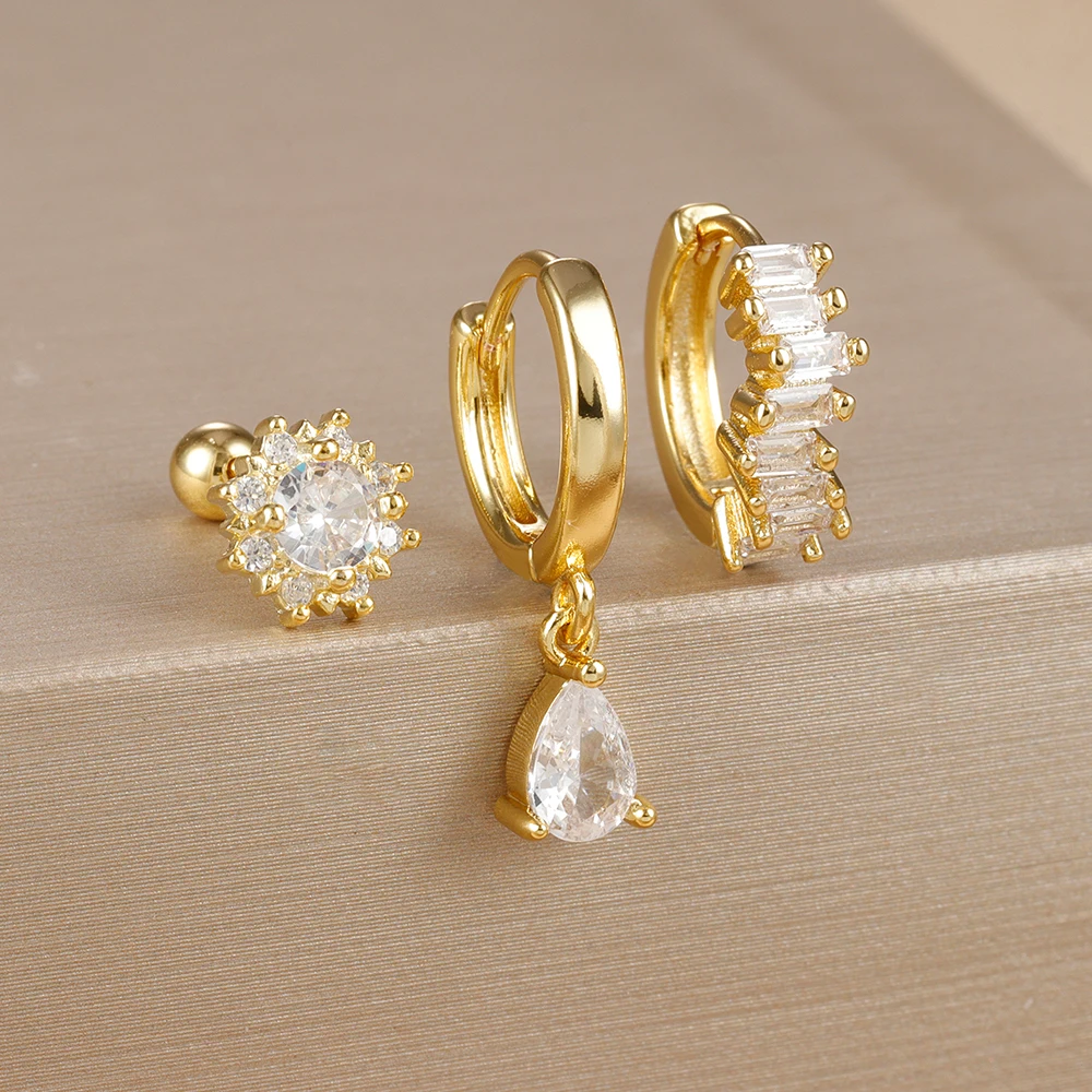 3PCS Stainless Steel Colourful Zircon Water Drop Earrings Set For Women Fashion Flower Helix Cartilage Earring Piercing Jewelry