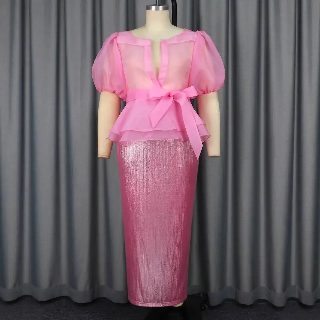 Ärmel Sexy Puff Sheer Bowknot Bluse Slim Fit, Figurbetontes Kleid Elegantes Zweiteiliges Set Designer 2025, Sommerkleid Robe Vestido Frauen