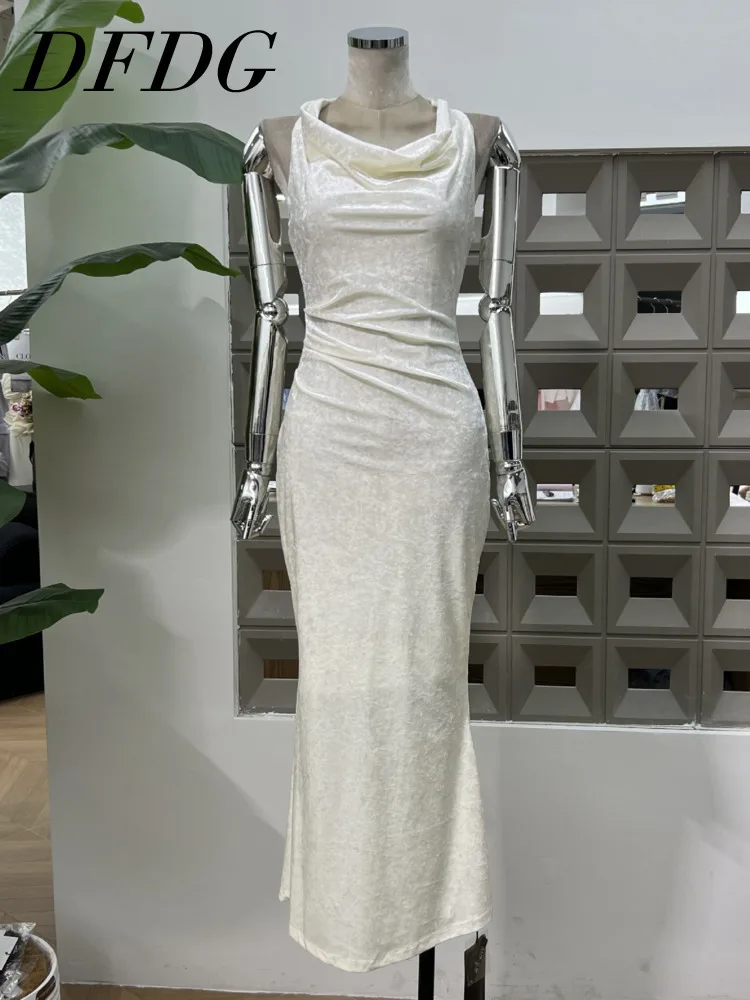 DFDG المرأة المخملية فستان ماكسي ريترو ثنيات الرقبة بلا أكمام Ruched الخصر الأزهار خمر ألف خط فستان طويل 2025 الربيع الصيف #1