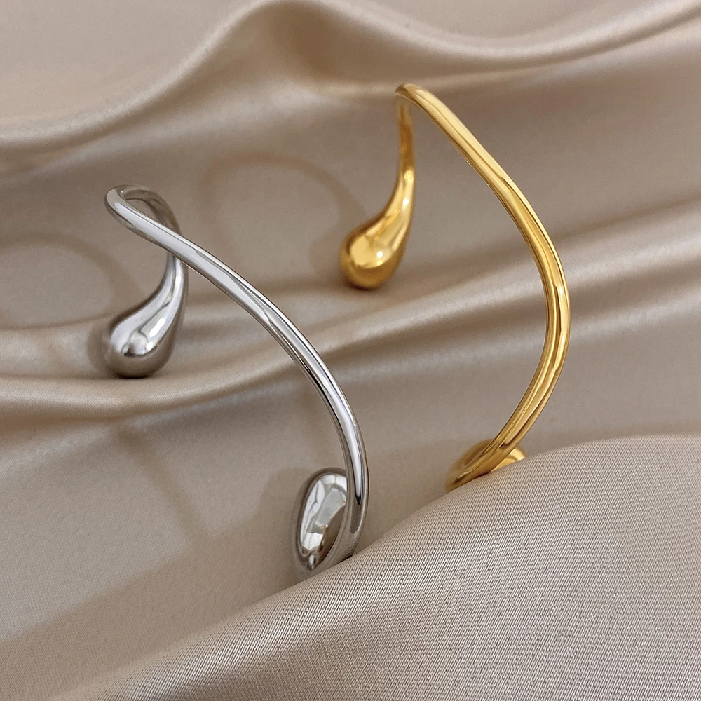 

Freetry Simple Irregular Waterdrop Waterproof Stainless Steel Bangle for Women Golden Silvery Open Bracelet Jewelry Accessories