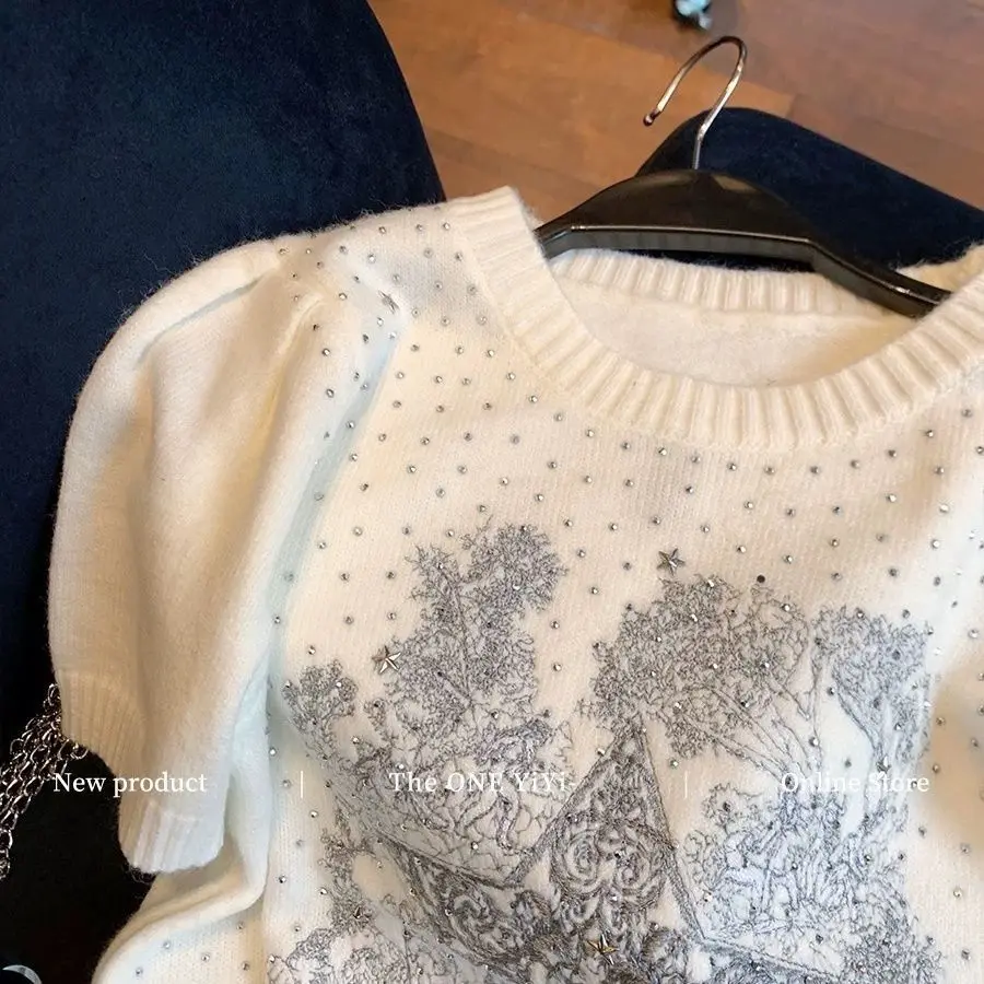 Heavy Star Print Sweater Women - Short Sleeve Knit Pullover, Y2K Premium Casual Top, Figure Flattering Blouse, Summer Trendy Lay
