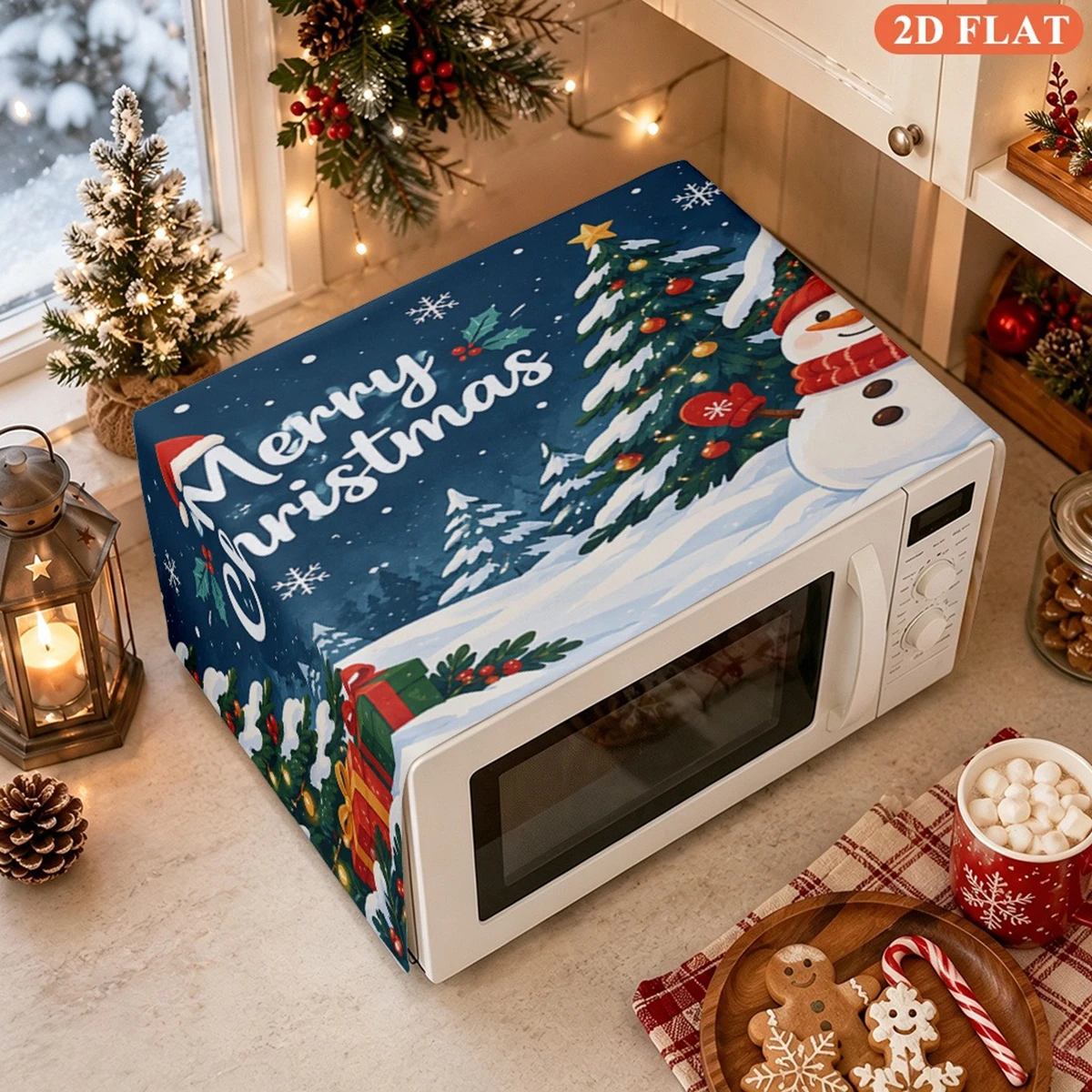 Polyester Microwave Oven Dust Cover Dark Blue Christmas Snowman Print Dust Proof Protective Cover Kitchen Microwave Top Decor