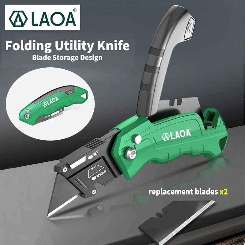 LAOA Utility Knife Folding Sharp Cut Heavy Duty Alloy Steel Break with 2 Replacement Blades Paper Cut Electrician Utility Knife