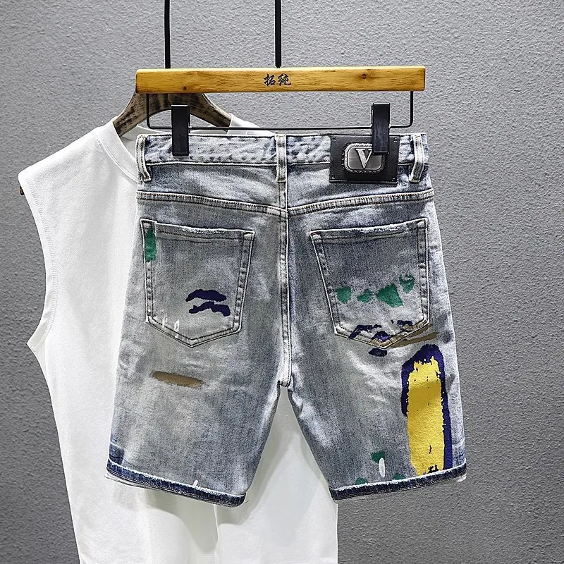 New Summer Men Printed Ripped Denim Shorts Jeans Male Stretch Casual Trendy Denim Shorts Top Quality Man Cotton Jeans Shorts 38