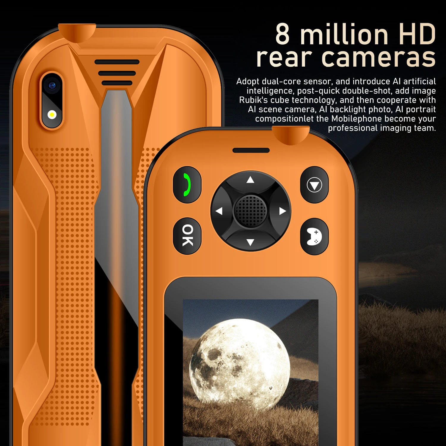 โทรศัพท์แบบปุ่มกด, โทรศัพท์เล่นเกมหน้าจอแนวนอน, รองรับสองซิม, หน้าจอ 2.8 นิ้ว, เกมในตัว 300 เกม, แบตเตอรี่ 2500mAh, อายุการใช้งานแบตเตอรี่ยาวนาน