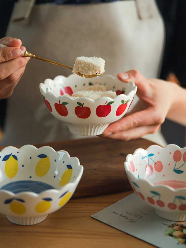 Ceramic 4.8 Inch Bowls Japan Kawaii Style 270ml Cherry Lemon Handpainted Ice Cream Salad Rice Yogurt Desserts Food Container
