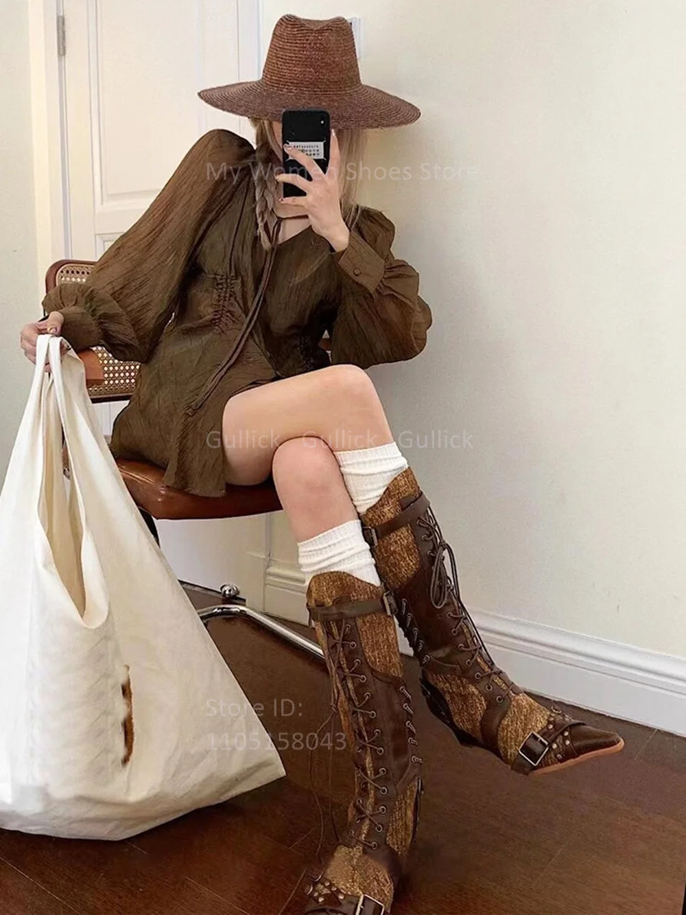 Wedges Pointy Toe Patchwork Knee High Boots Lace Up Zipper Buckle Strap Runway 2026 Winter Autumn Women Dress Shoes Handmade view 5